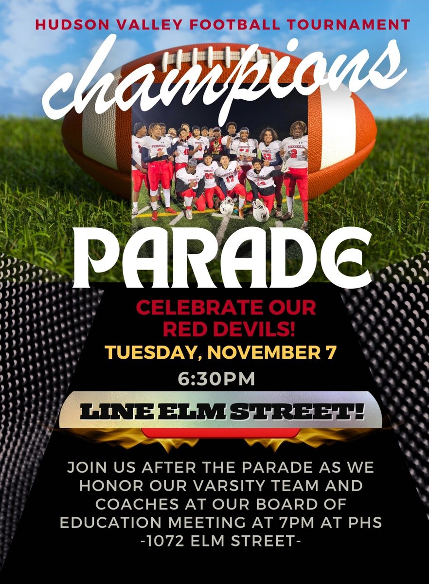 PeekskillCSD's tweet photo. Tomorrow! Come out and celebrate our Red Devils as they parade up Elm Street at 6:30PM! Our athletes and coaches will be recognized after at our Board of Educating meeting, which begins at 7PM at Peekskill High School. #PeekskillPride https://t.co/3LOyb8cEjg