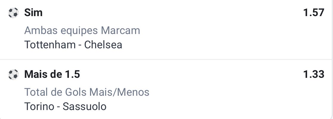 🚀 Dupla do Dia 06.11

🏟️ Partidas:

🇮🇹 Torino x Sassuolo
🏴󠁧󠁢󠁥󠁮󠁧󠁿 Tottenham x Chelsea

📊 Odd @ 2.08

💰 Investimento da Aposta: 1 unidade