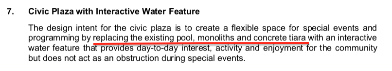 wdbowkett's tweet photo. But the City issued an RFP for a scope of work that includes P2 in P1. The City confirms this in the concept map but in text they specify that instead of creating a water feature with the monoliths as a central feature, that they will be removed. 7/7 #ProcessFail #GovernanceFail https://t.co/qo8Ulyomy3