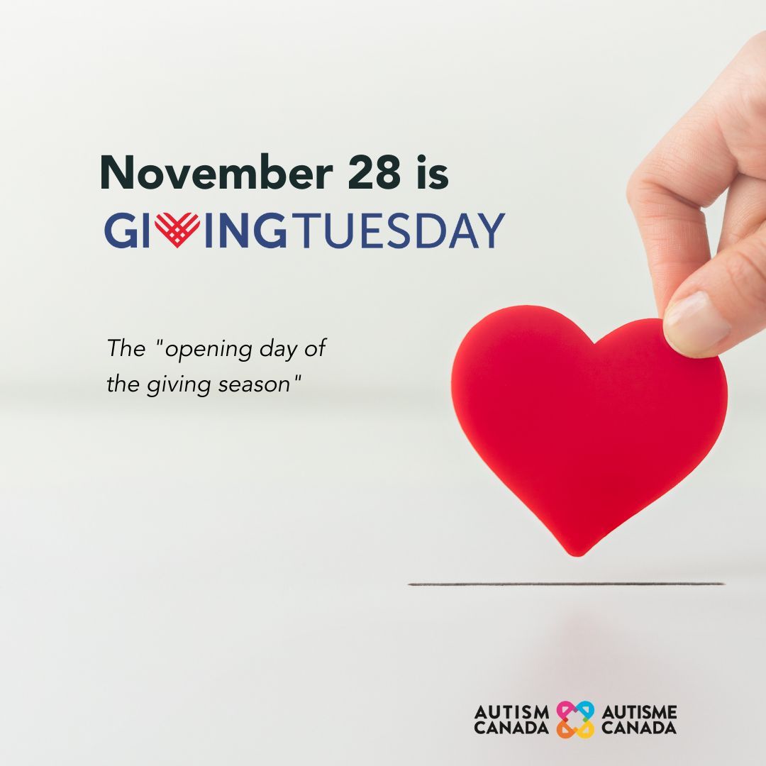 November 28 is GIVING TUESDAY, the 'opening day of the giving season.' After your holiday shopping, consider donating to Autism Canada to help us continue supporting those on the spectrum, their families, and caregivers. Donate: buff.ly/3PiWWQ2 #GivingTuesdayCA