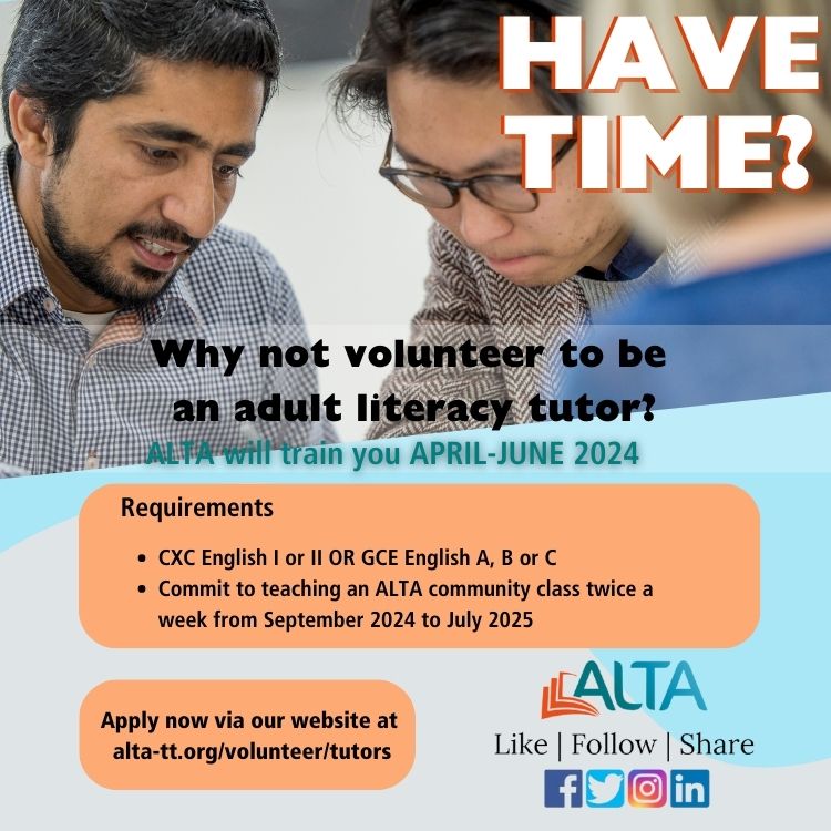Have time?

Apply now to become an ALTA community class volunteer tutor by clicking the following link: alta-tt.org/volunteer/tuto…

#adultliteracy #adulteducation #volunteer #volunteertutor #tutoring #teaching