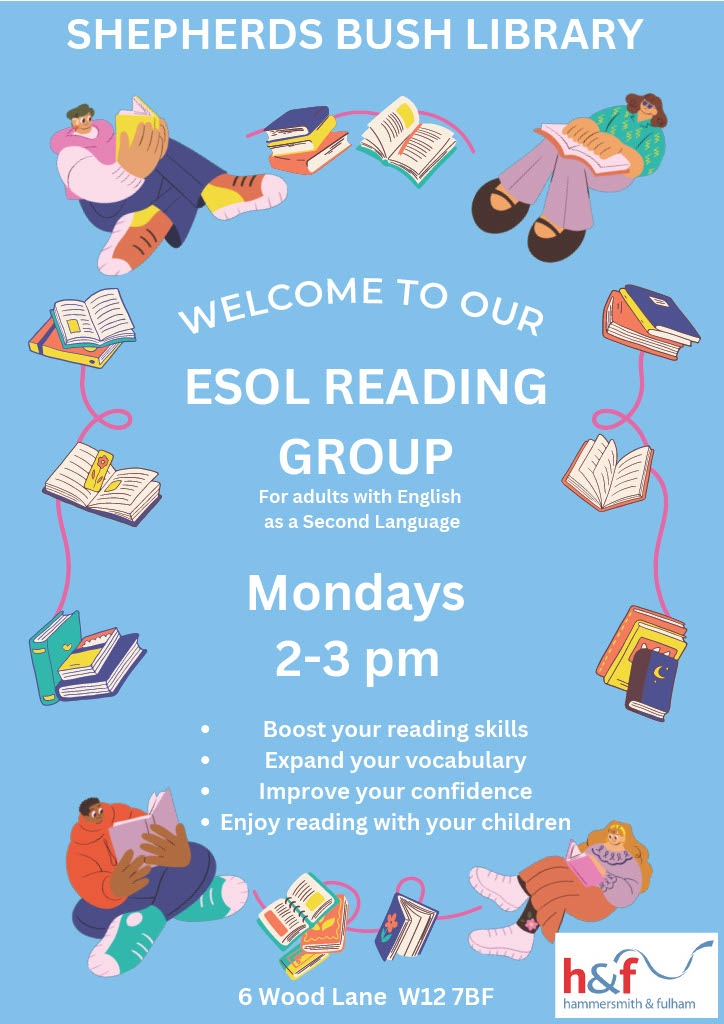 Join the ESOL Reading Group at Shepherd's Bush Library starting on Monday 13 November 📚️ #ESOL #LBHF #readinggroup