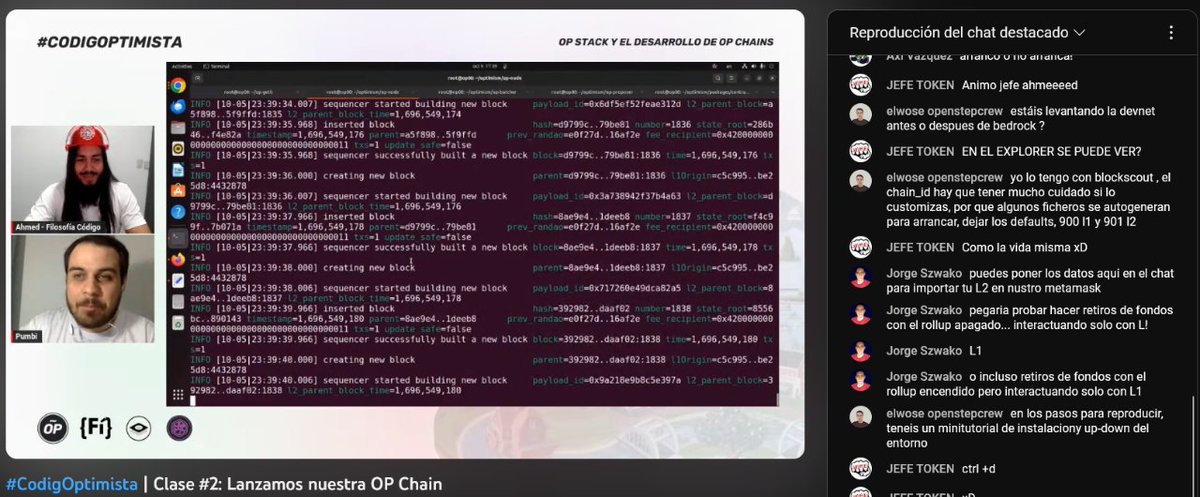 OptimismESP's tweet photo. ¡Gracias por compartir #CodigOptimista con nosotros! 🫂
Con @FilosofiaCodigo aprendimos desde cero como crear y configurar nuestras propias OP Chains, poniendo en valor para la comunidad, todo el contenido disponible en el OP Stack 🧑💻
👇👇 https://t.co/XYzjeyiSj9