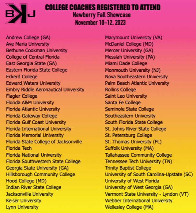 IT'S CAMP &amp; TOURNAMENT WEEK! 🥳 Check out backwardskjax.com/november2023 - Tournament central! 🥎 All the info you'll need to make it an amazing week! 💃🏽

These 60 COLLEGES are ready to bring it this weekend in Newberry - are you?! 😎

#GETRECRUITED