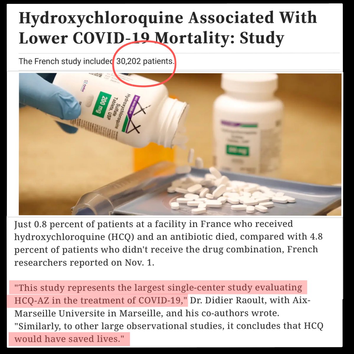 craigkellyAFEE's tweet photo. CORRUPT MEDIA REFUSE TO REPORT ON HYDROXYCHLOROQUINE’S MOST SIGNIFICANT STUDY

If you need any further proof that our mainstream media is broken and corrupt - just take their ‘cone of silence’ over the latest and most significant peer-reviewed study on Hydroxychloroquine. 

This French study was the largest single study evaluating HCC (combined with Azithromycin) in the treatment of Covid and involved 30,202 patients. 

In hospitalised patients it found a 45% reduction in death of those that received HCQ + AZ compared to those that didn’t receive it. 

In outpatients it found a 71% reduction in death of those that received HCQ + AZ compared to those that didn’t receive it.

This study indicates that Australia’s ban on Hydroxychloroquine killed thousands. 

And interestingly this French study looked at covid patients receiving HCQ as a treatment from June 2020 to Dec 2021 - a time when Australian bureaucrats had banned the treatment and declared the evidence was in showing it didn’t work. 

Those bureaucrats spread deadly disinformation and Australians died as a result. They have the blood of thousands on their hands.

But I suppose it’s no surprise that the ABC, Nine, 2GB, The Guardian, The Canberra Times, The Age, The Sydney Morning Herald and even The Australian that all demonised HCQ now refuse to report on the largest peer-reviewed study in HCQ - because it shows that they were wrong. 

https://t.co/N6idfsL6yj

https://t.co/LhlKqM6ngP