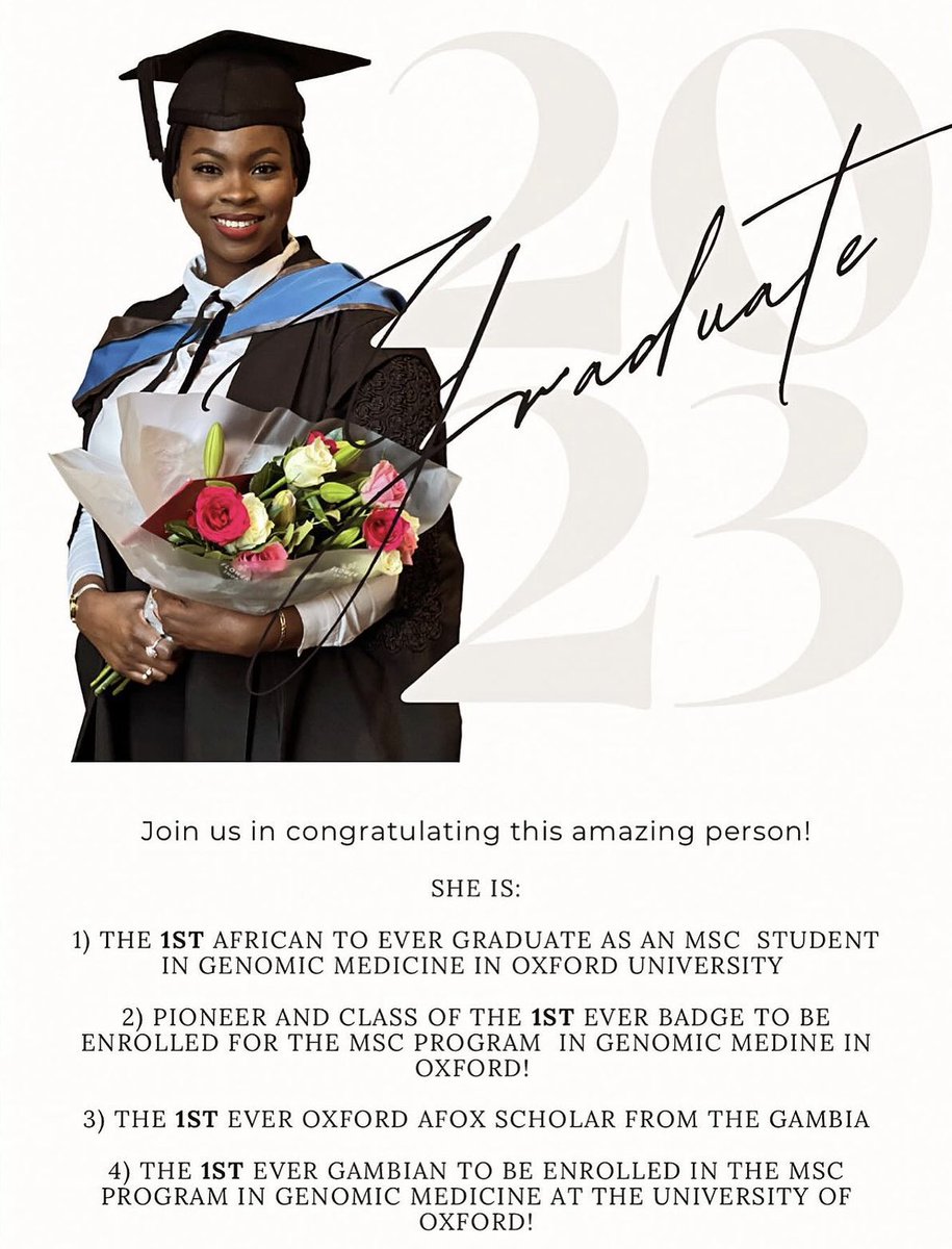 I graduated from <a href="/UniofOxford/">University of Oxford</a> !! 🎊 💃🏾
A special thank you to <a href="/Africa_Oxford/">AfOx</a> for believing in my capabilities and funding this course. To my impeccable husband <a href="/oms_saine/">OMAR 𝕊𝔸𝕀ℕ𝔼</a> for his unequivocal support and love throughout this journey. 

This is for my mother in heaven; Aya ❤️