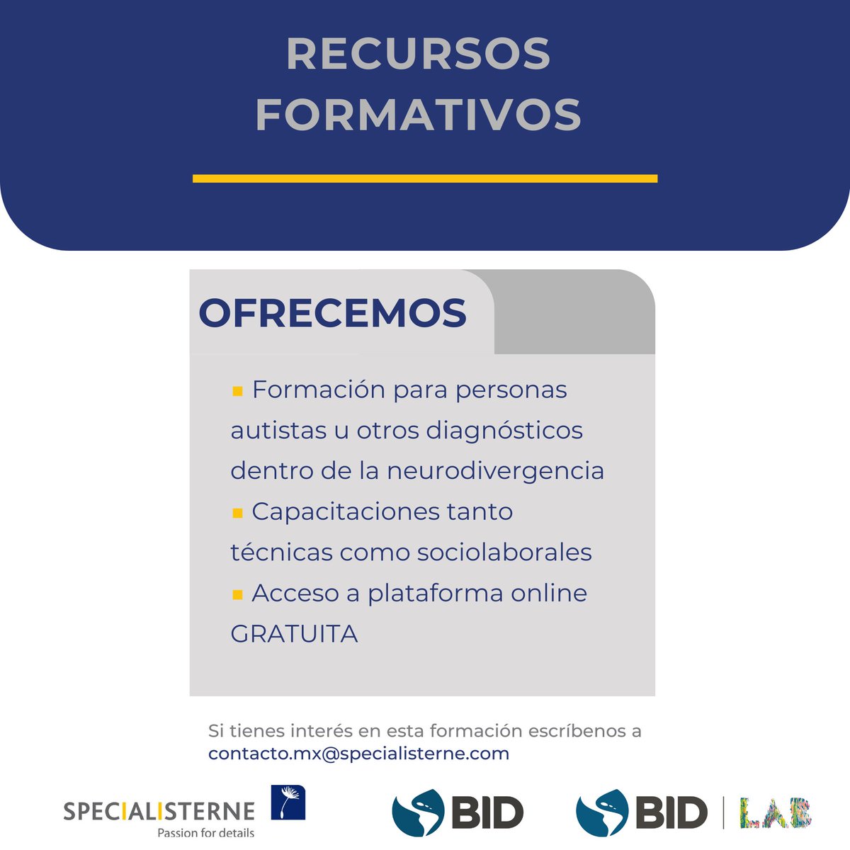 ¿#Formación y #Empleo en un entorno inclusivo? <a href="/el_BID/">Banco Interamericano de Desarrollo</a>, <a href="/IDB_Lab/">IDB Lab</a>  y <a href="/SpecialistsES/">Specialisterne España</a> ofrecemos capacitación en línea para personas dentro del espectro autista interesadas en incorporarse al mercado #Laboral. Inscríbete: bit.ly/3Mt8aiy