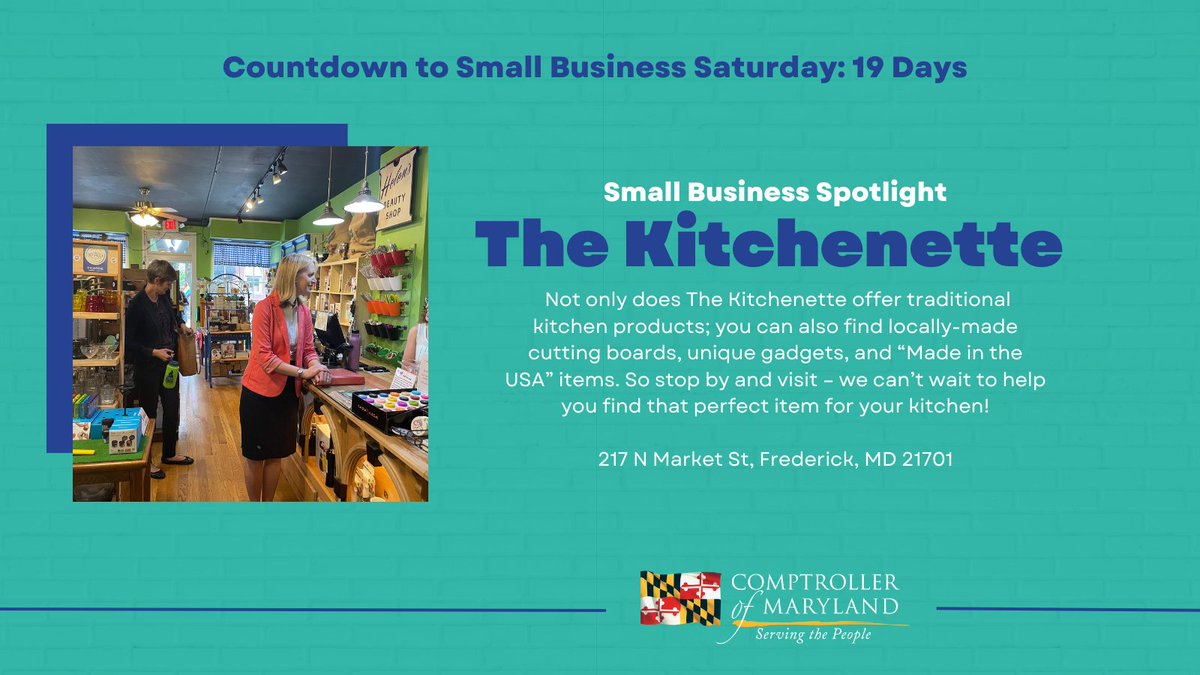 MDComptroller's tweet photo. #TeamComptroller has been touring small businesses throughout the state this year. With #SmallBusinessSaturday just around the corner, we encourage you to #ShopMD and support small businesses by highlighting some of the ones we’ve visited.
 
Today, we’re highlighting The Kitchenette in Frederick!