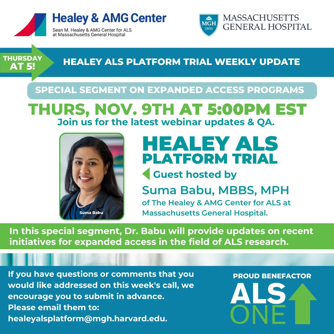 alsone_official's tweet image. Join us on 11/9 @5pEST for a spec segment of the #Healey #ALSPlatformTrial wkly update webinar.  Starting this mo, we'll focus on #EAPS during the webinar that takes place ev 2nd Tues of ea mo. We are pleased to have Dr. Suma Babu as our #GuestHost this wk bit.ly/3KKsme2