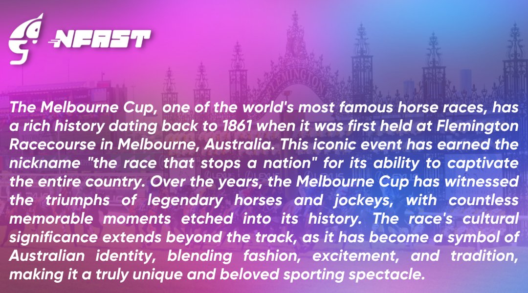 NFasTrace's tweet photo. 🏆🌟Melbourne Cup: The Race That Stops a Nation!🎩🏇

Are you ready for an excitement where champions are immortalized, records are shattered, and history is written with every thunderous hoofbeat @FlemingtonVRC.  

#NFasT #HorseRacing #MelbourneCup #MondayMotivaton