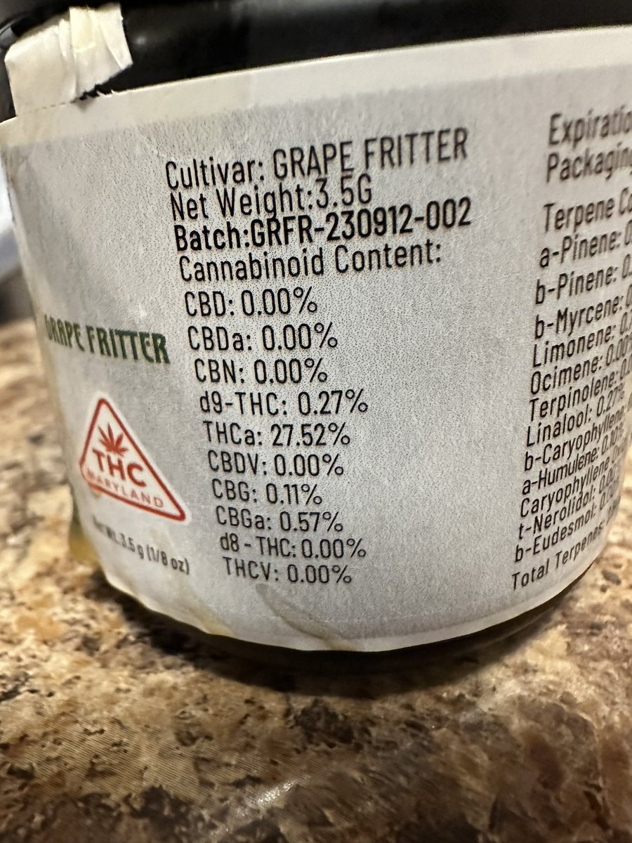 ehonda500mob's tweet photo. Grape Fritter
[Apple Fritter x Grape Cream Cake]
Garcia Hand Picked

THCa: 27.52%
Terps: 2.64%

Dominant Terps:
Limonene: 0.73%
a-Pinene: 0.30
Caryoohyllene: 0.28%

Possible Effects: Uplifting, Focus, Relaxing, Mood Boosting.  

Possibly good to treat: Pain, Bad Moods, ADD https://t.co/sCbQE0Bljc