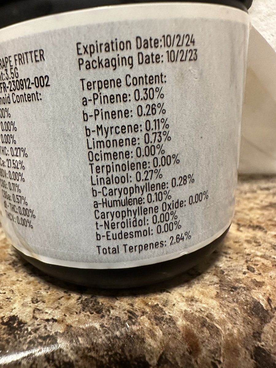 ehonda500mob's tweet photo. Grape Fritter
[Apple Fritter x Grape Cream Cake]
Garcia Hand Picked

THCa: 27.52%
Terps: 2.64%

Dominant Terps:
Limonene: 0.73%
a-Pinene: 0.30
Caryoohyllene: 0.28%

Possible Effects: Uplifting, Focus, Relaxing, Mood Boosting.  

Possibly good to treat: Pain, Bad Moods, ADD https://t.co/sCbQE0Bljc