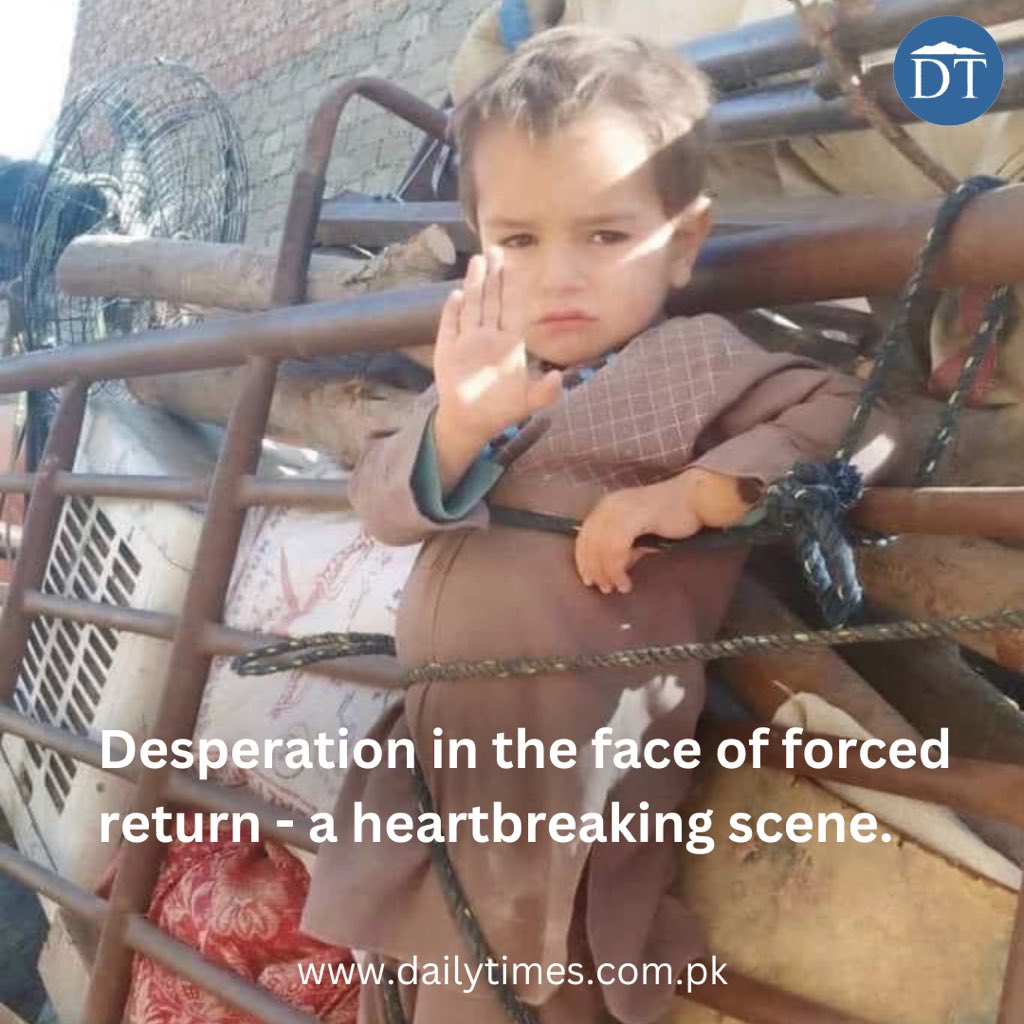 dailytimespak's tweet photo. A harrowing image of an Afghan child, tethered to a truck, symbolizing the heart-wrenching reality of refugees being forcibly sent back from Pakistan. https://t.co/D2DovA1BHq