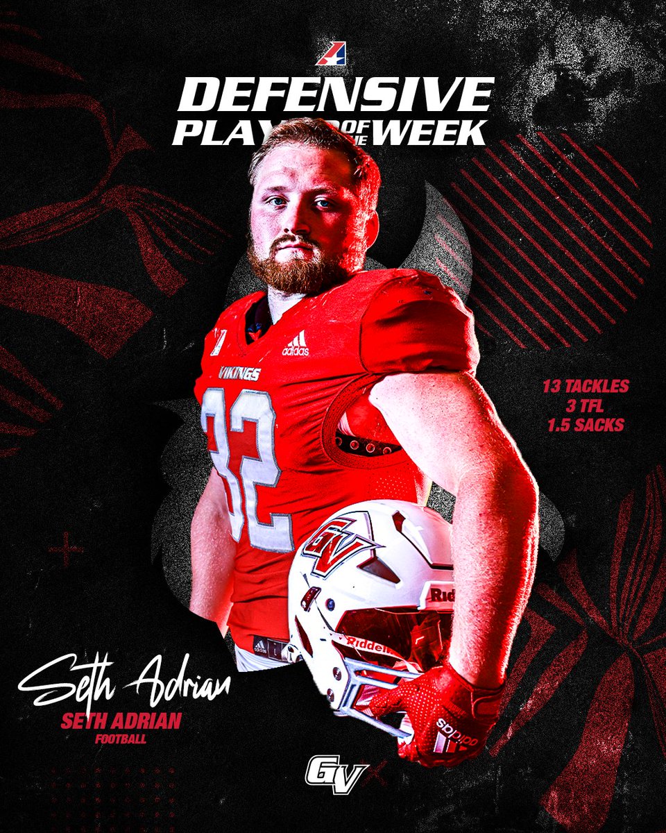 VikingAthletics's tweet photo. 𝘿𝙀𝙁𝙀𝙉𝙎𝙄𝙑𝙀 𝙋𝙇𝘼𝙔𝙀𝙍 𝙊𝙁 𝙏𝙃𝙀 𝙒𝙀𝙀𝙆

Seth Adrian earns the Vikings first defensive player of the week honors of the season after his impressive stat line against William Penn University this past Saturday! 👀

#3D | #FAW https://t.co/84CgXorC0A
