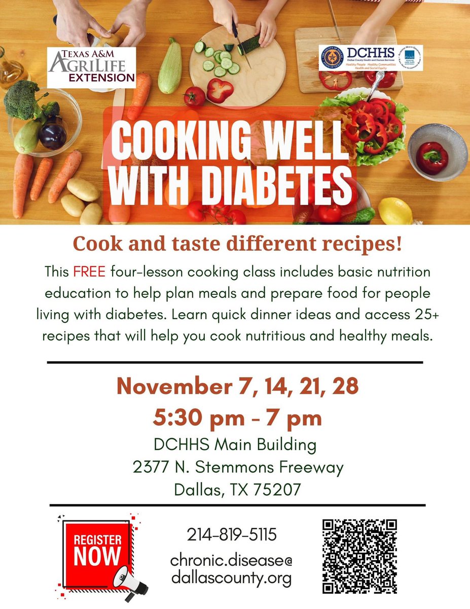 DCHHS's tweet photo. STARTS TOMORROW! #FREE In-person cooking lessons for people living with #diabetes.
You’ll learn how to cook nutritious meals that will help you stay healthy! 🥑
☎️214-819-5115
💻chronic.disease@dallascounty.org or sign up here:
https://t.co/aglfUCrGSk
#diabetesawarenessmonth https://t.co/mmB1bALIHz