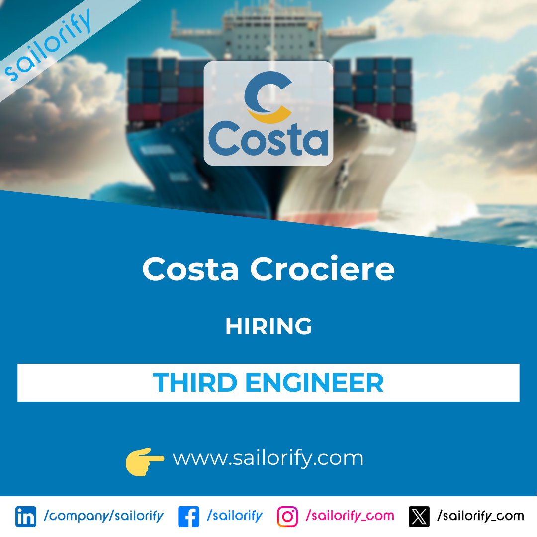 sailorify_com's tweet photo. Costa Crociere is hiring a Third Engineer 🧑‍🔧

✉️ Apply here
👉 https://t.co/TDngQSpfIT

🔔 To receive notification directly in your email register here
👉 https://t.co/Y8IS8Jz7QH

#Sailorify #CostaCrociere #Hiring #Engine https://t.co/pPxMJB1ZJB