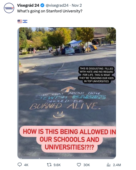 MattBinder's tweet photo. seeing this image spread online

once again, posted by Visegrad24. 
once again, completely wrong. 
yet it has received 2.4+ million views.

Stanford confirmed this was written by a pro-Israel community member attempting to draw negative attention to pro-Palestine students 🧵 https://t.co/ffTyzmWkPM