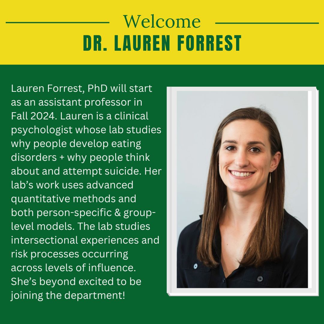 UOPsych's tweet photo. UO Psych is so excited to welcome Dr. Lauren Forrest (@ln_forrest) to our department! Dr. Forrest will be taking graduate students for Fall of 2024. If you are interested in applying to our graduate program, visit our website! https://t.co/jRGbxurU4a