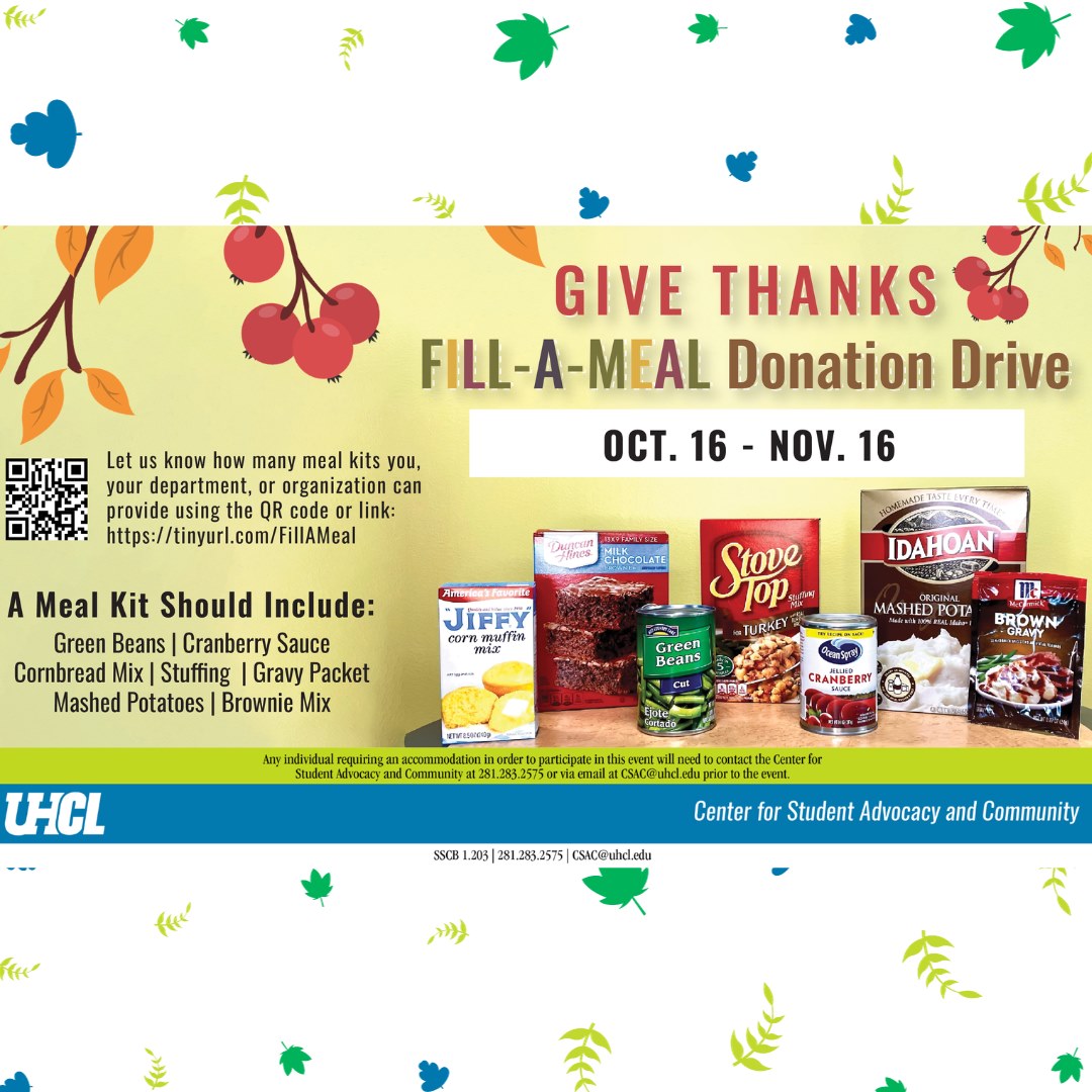 UHCL_Pearland's tweet photo. Hawk Pantry Give Thanks Fill-a-Meal Donation Drive!
Accepting donations Oct 16 - Nov 16, 2023. Drop off complete Meal Kit at UHCL, SSCB 1.203 or at UHCL Pearland Student Affairs Office, Rm 149.For Meal Kit info contact UHCL Student Advocacy @ 281-283-2575💚💙 #UHCL #HawkPantry https://t.co/0dQGGJzrUh