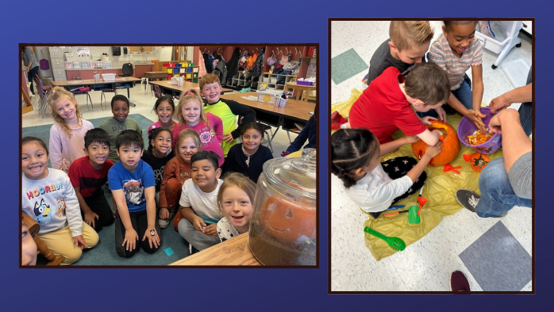 NorgeElementary's tweet photo. 1st grade students experienced pumpkins by carving and cleaning one.  Other students did an experiment by carving a pumpkin and then putting it in a closed container with soil and water to observe it decomposing and growing new plants in the soil. #WeAreWJCC #norgeroadrunners https://t.co/BLIMeIvvO1