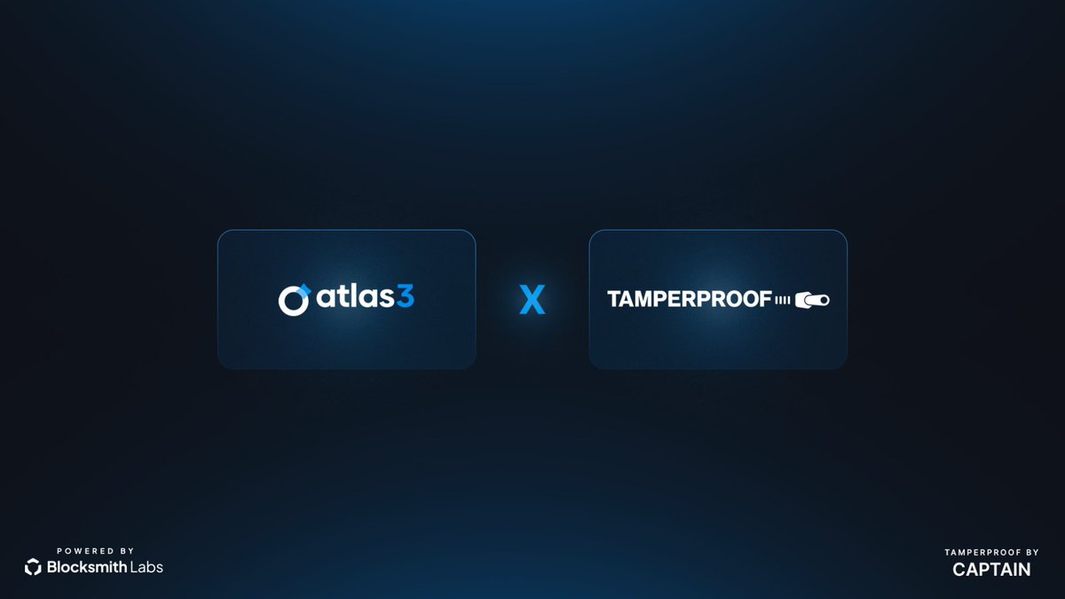 BlocksmithLabs's tweet photo. We're excited to announce our collaboration with @captaintechlabs to introduce sealed Tamperproof NFTs (tpNFTs) as a part of Blocksmith Lab's IRL rewards in the Atlas3 Lossless Lottery 🔷 https://t.co/PFnLCuoFVk