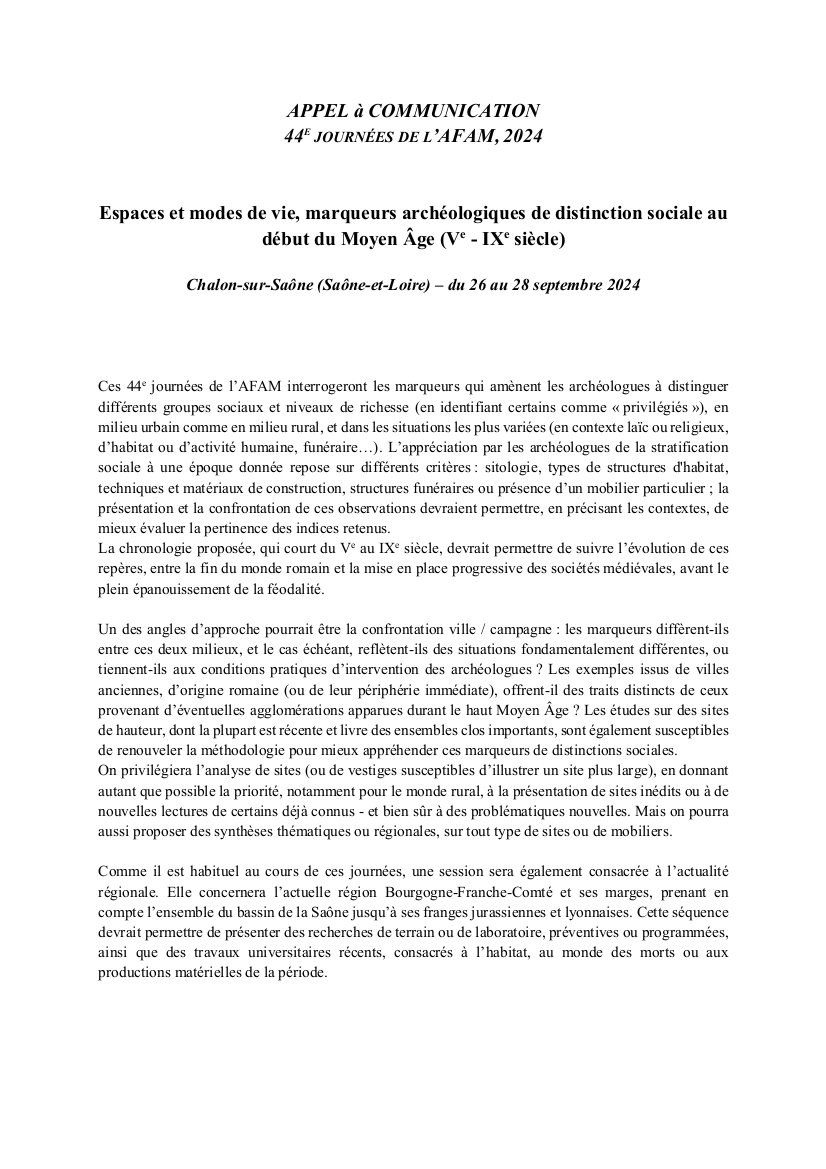 afamassociation's tweet photo. Les prochaines journées de l'#AFAM (Chalon-sur-Saône, 26-28/09/2024) auront pour thème "Espaces et modes de vie, marqueurs archéologiques de distinction sociale au début du Moyen Âge (Ve-IXe s.)".  L'appel à communications est ouvert jusqu'au 01/02/2024. https://t.co/eA5kqcTFeI https://t.co/iASw5Tucg8