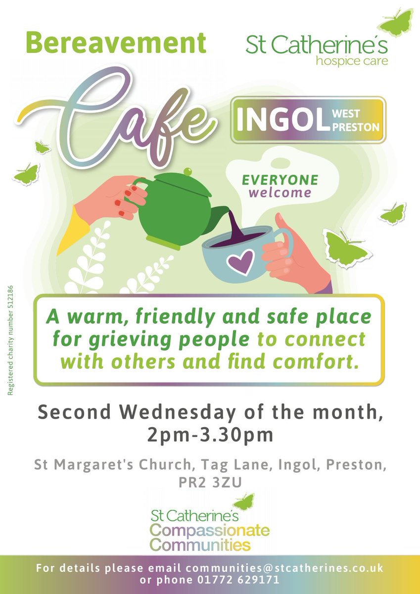 This week is the monthly St Catherine's Compassion Communities team bereavement cafe in Preston. It is open to anyone in the community who is grieving and would like some peer support.