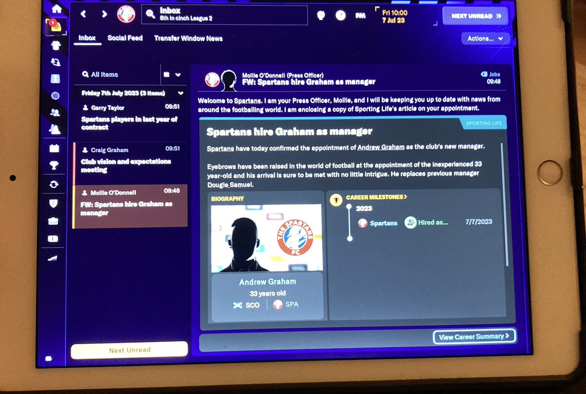 First aim is to try and not get sacked by my dad!! <a href="/FootballManager/">Football Manager</a> <a href="/spartansfc/">The Spartans FC</a>