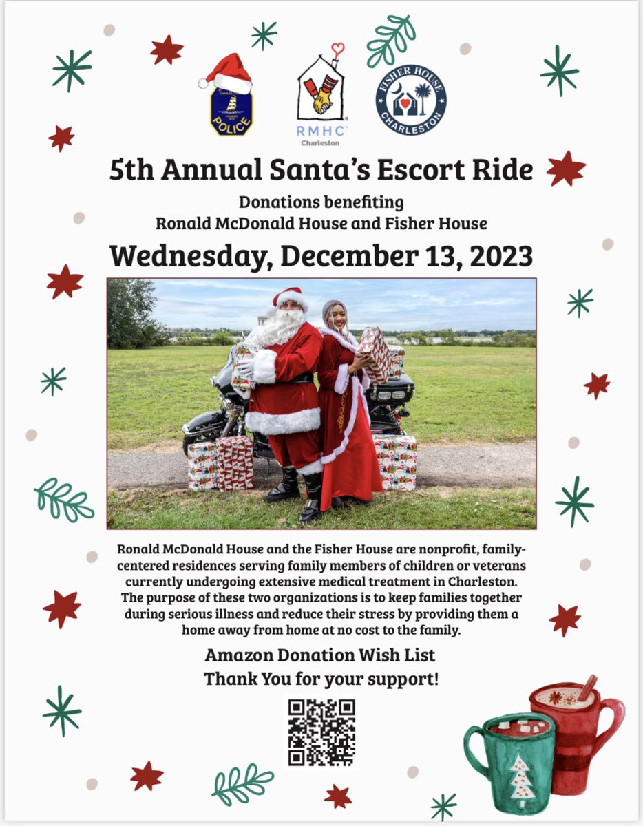 CharlestonPD's tweet photo. Our department is gearing up for our 5th Annual Santa’s Escort Ride! But we can’t do it without your help. Click the link to our wishlist below to donate gifts that will go to family’s and children at the Ronald McDonald House Charities of Charleston and Fisher House! Join us in making a difference this holiday season! 🎁

https://t.co/OFFYtw2mgd