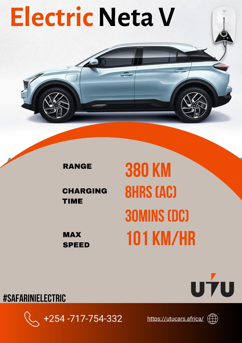 UtuCarsAfrica's tweet image. NETA V ELECTRIC VEHICLE! 🌟

Range: 380km per charge 🛣
AC Charging: 8 hours ⏳
DC Charging: 30 mins ⚡
Max. Speed: 101km/h 💨
Zero Mileage: Brand New🌿
Your eco-friendly journey begins with UTUCARSAFRICA! 🌿⚡

#NETAV  #UtuCarsAfrica