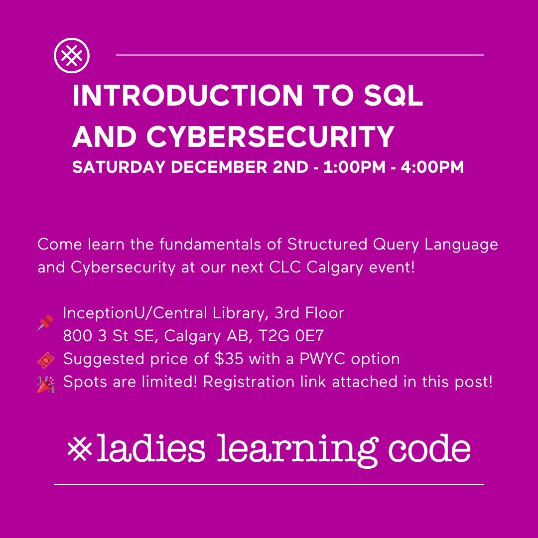 learningcodeyyc's tweet image. Want to learn how to talk to databases and secure them? Come join us for this workshop at the @_InceptionU room at the Central Library!
Link for registration: eventbrite.ca/e/in-person-ll…
@learningcode