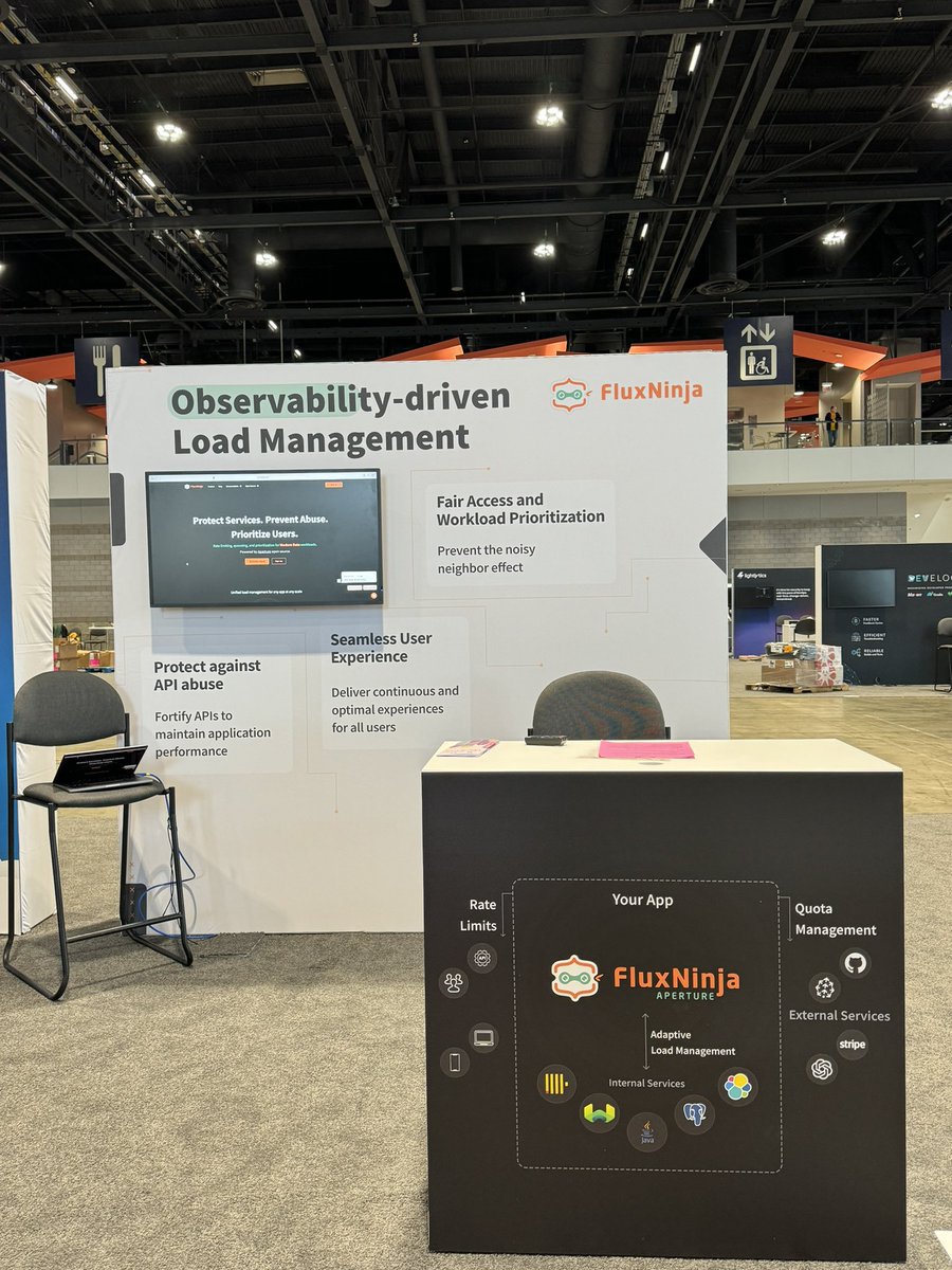 Our booth is set and ready for tomorrow's showcase at #KubeCon + #CloudNativeCon! 

Join us at 11:00 am to catch <a href="/kelseyhightower/">Kelsey Hightower</a> in action with live demo of Aperture.

Discover how multi-tiered rate limiting can ensure seamless user experience even under heavy load!