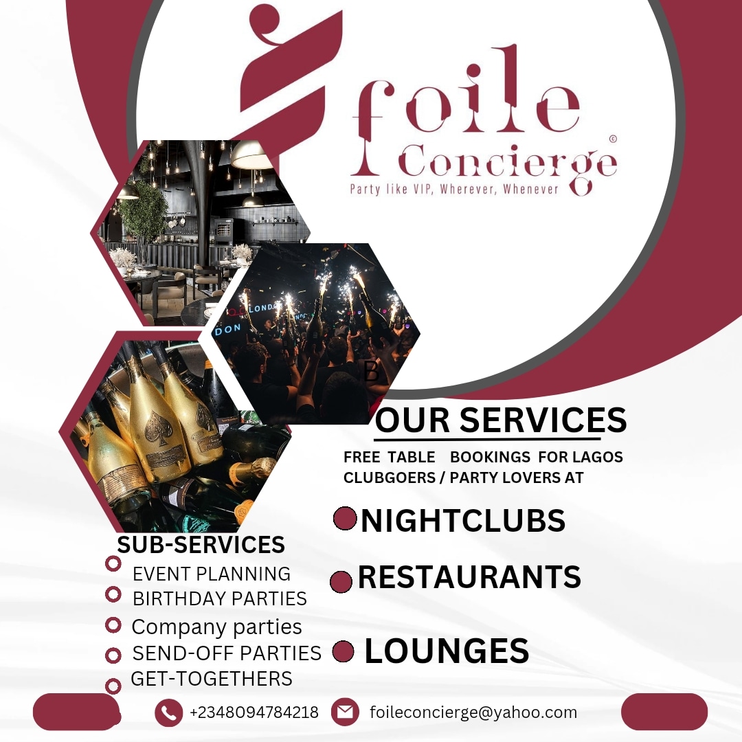 FoileConcierge's tweet photo. We will be your nightlife/ party advisor, we have in-depth knowledge of Lagos nightlife and will help you 
organize your clubbing/ party plans so you can focus on enjoying urself. https://t.co/pegBA2D0aL