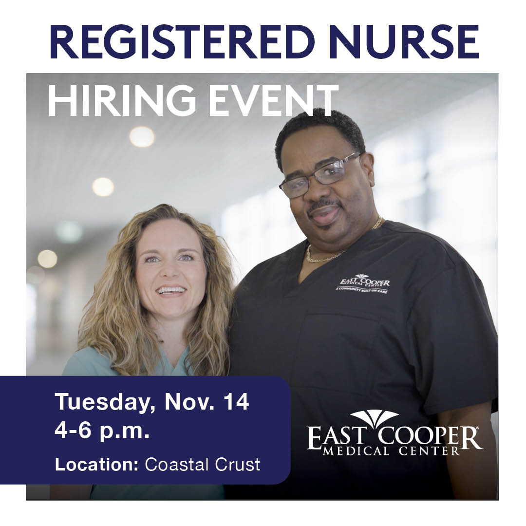 ECooperMedCtr's tweet photo. Nurses - Join us to learn more about employment at East Cooper Medical Center. Meet with our hiring leaders at Coastal Crust (219 Simmons St., Mt. Pleasant, SC). Learn more at https://t.co/MS5K1P39uT https://t.co/5GRqEIPWZo