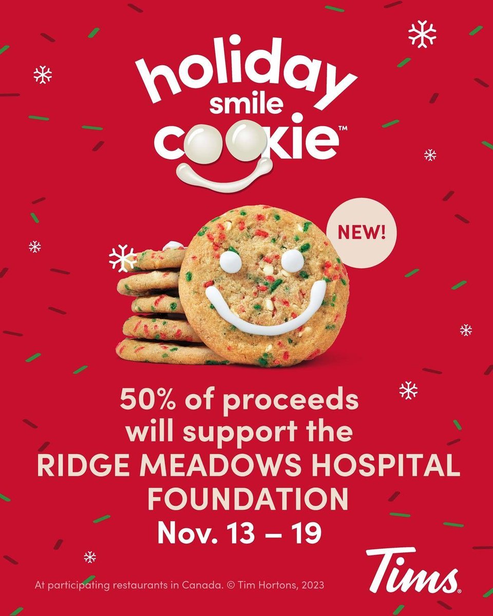 𝗚𝗲𝘁 𝗔 𝗦𝗺𝗶𝗹𝗲. 𝗚𝗶𝘃𝗲 𝗔 𝗦𝗺𝗶𝗹𝗲.
#mapleridge #pittmeadows #ridgemeadows #timhortons #smilecookies #holidaycookies #cookiefundraiser #fundraiser #holidayfundraiser #holidayfundraising #holidaysmilecookies #ridgemeadowshospital #ridgemeadowshospitalfoundation
