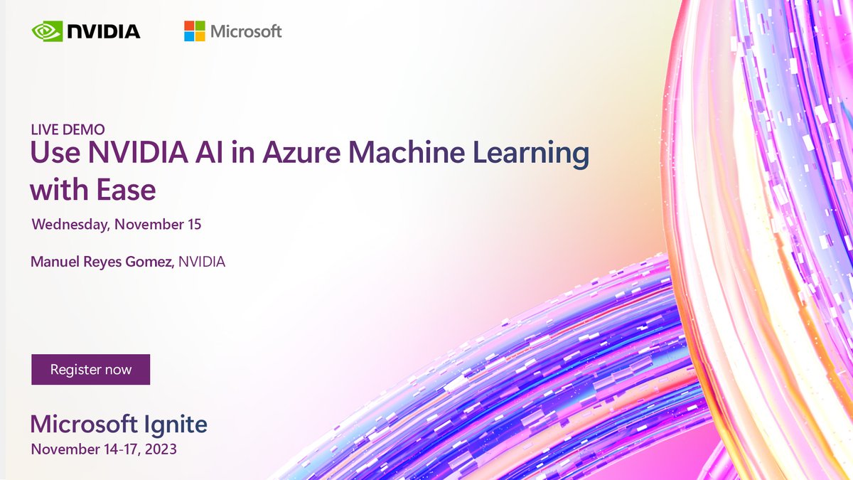 Discover how to build, deploy, and scale production #AI with NVIDIA AI integrations and Azure Machine Learning at @MS_Ignite November 14-17. See how #NVIDIA and Microsoft are enhancing Azure ML with models, frameworks, and more. Register now: nvda.ws/3u4ph3E #MSIgnite