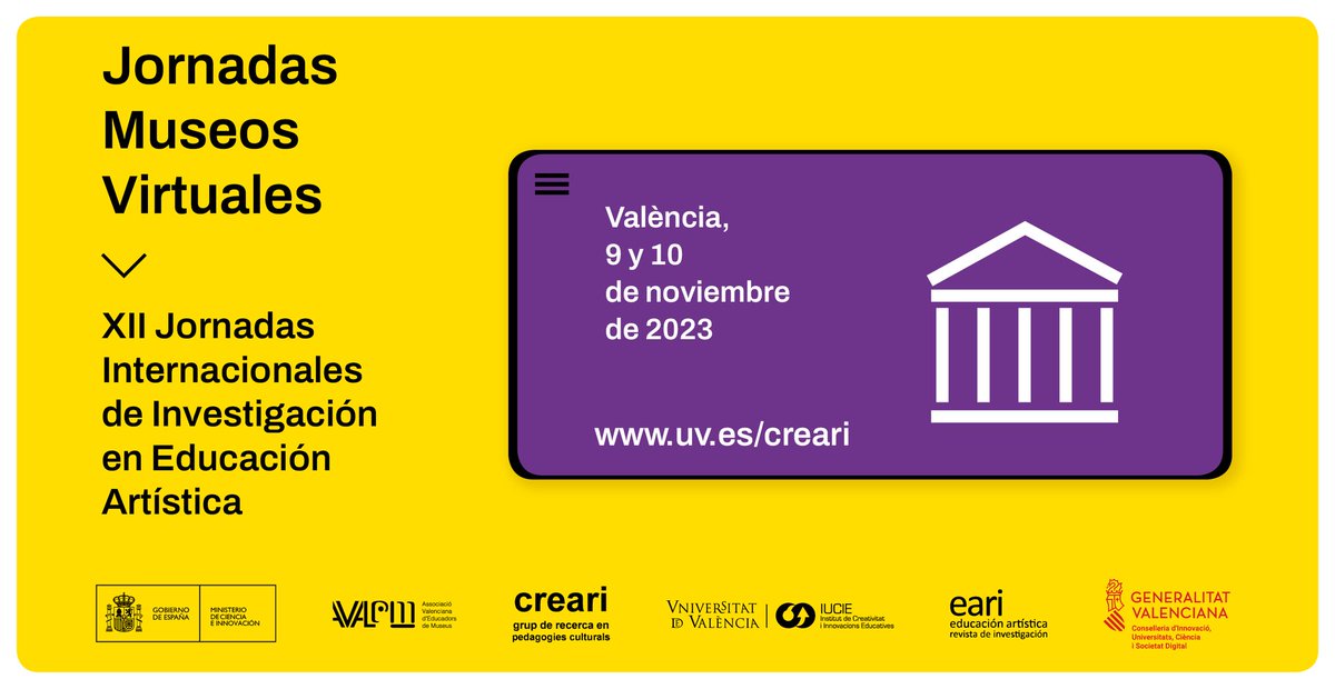 Jornadas Museos Virtuales en la XII Jornadas Internacionales de Investigación en Educación Artística @FacMagisteri <a href="/GVAmubav/">Museu de Belles Arts de València</a> @musearimuseu <a href="/museoreinasofia/">Museo Reina Sofía</a> <a href="/esbaluardmuseu/">Es Baluard Museu</a> <a href="/museu_alcora/">Museu de Ceràmica de l'Alcora</a> <a href="/MuseoGuggenheim/">Guggenheim Bilbao</a> <a href="/museodelprado/">Museo del Prado</a> <a href="/PatioHerreriano/">Patio Herreriano</a> <a href="/MuseoSorolla/">Museo Sorolla</a> <a href="/museoAmodernoMX/">Museo de Arte Moderno</a> <a href="/gva_IVAM/">GVA IVAM</a>