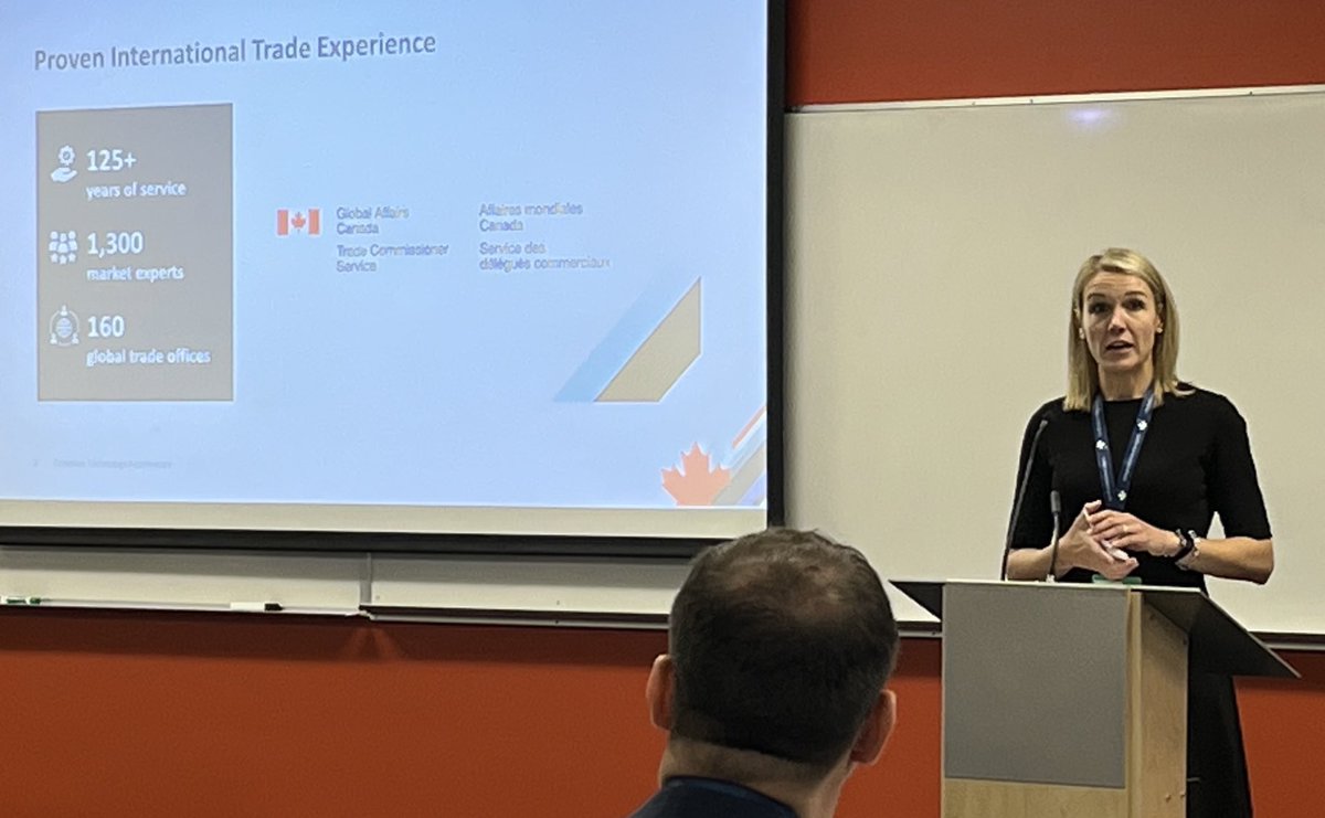 lynncote's tweet photo. @evelia_manach from @TCS_SDC presenting key services provided to #cleantech companies this morning during #CleantechExportWeek in Vancouver https://t.co/9KPDjQnTLf