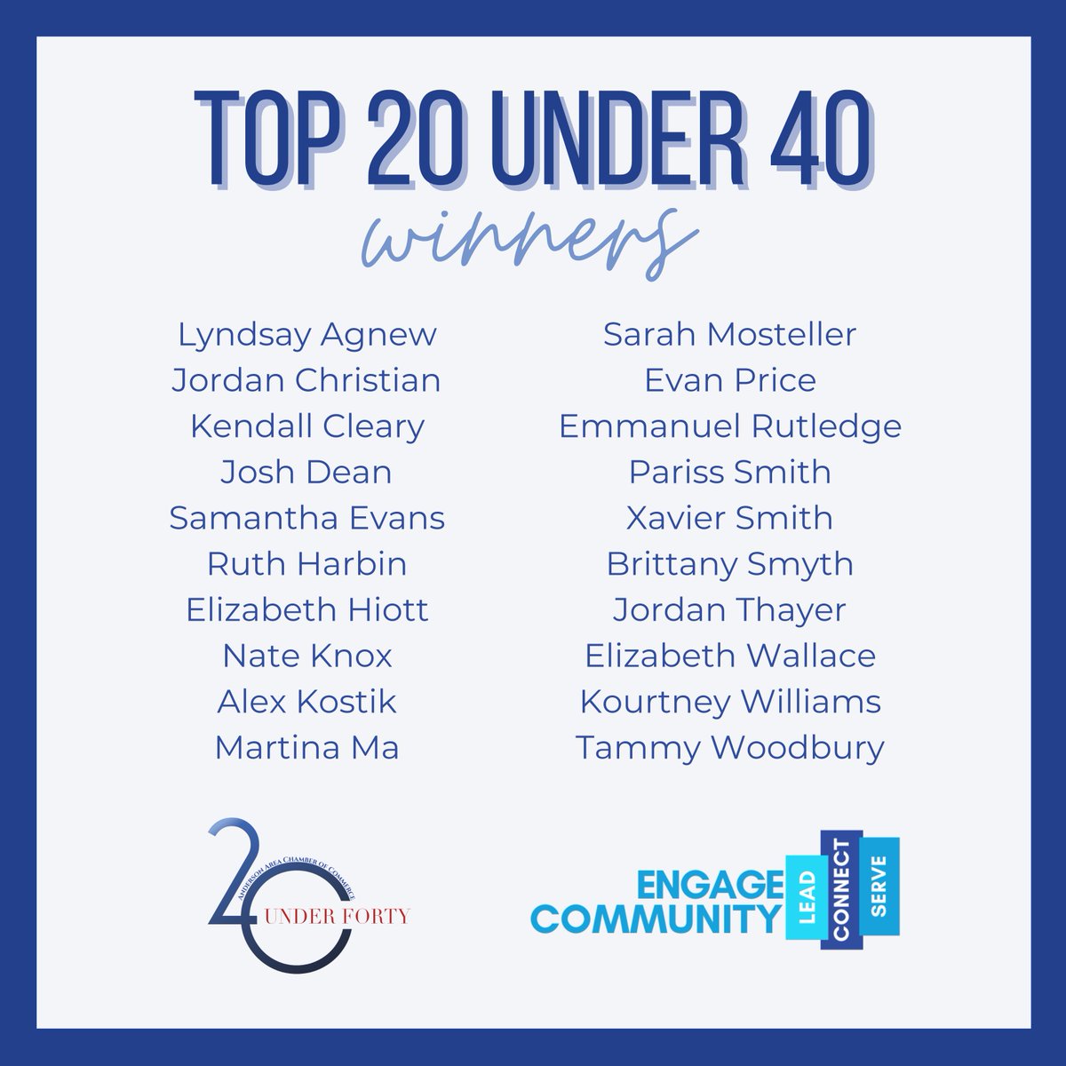 Congratulations to our Top 20 Under 40 award winners! We are so excited to celebrate and recognize these incredible leaders on Thursday. 🎉💙