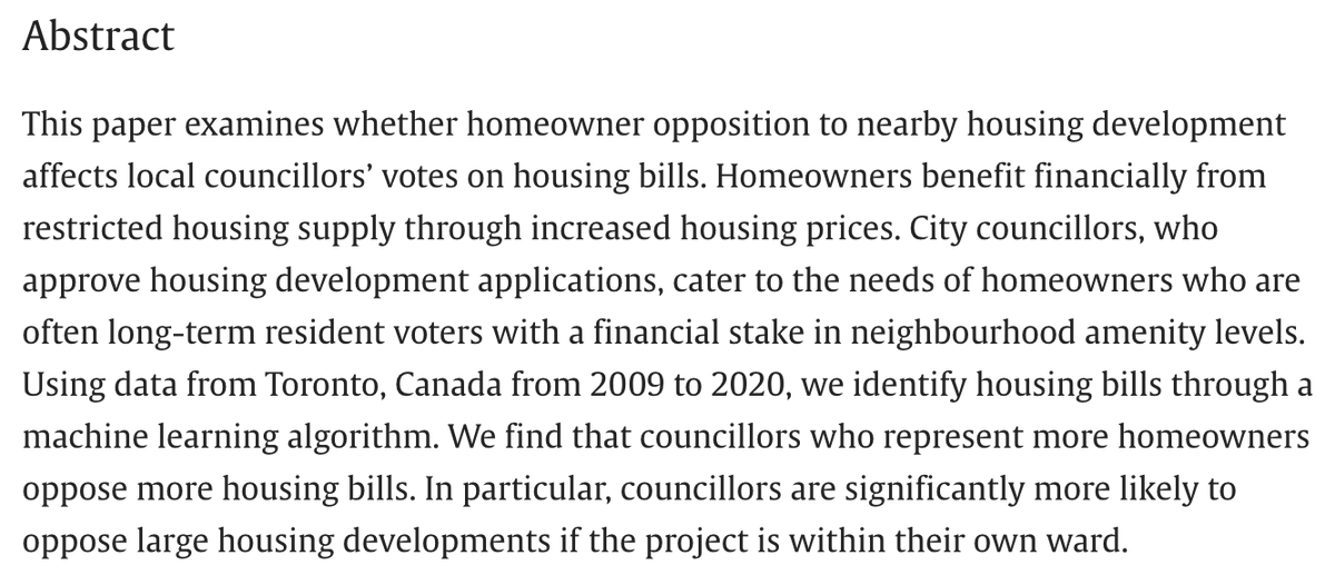 🏠📊Can homeowners influence #HousingSupply? New study by @justin_tyndall uses machine learning to show that councillors with more homeowners in their wards tend to oppose housing bills, especially large developments. #UrbanDevelopment #HousingPolicy 🏘️
doi.org/10.1016/j.jue.…