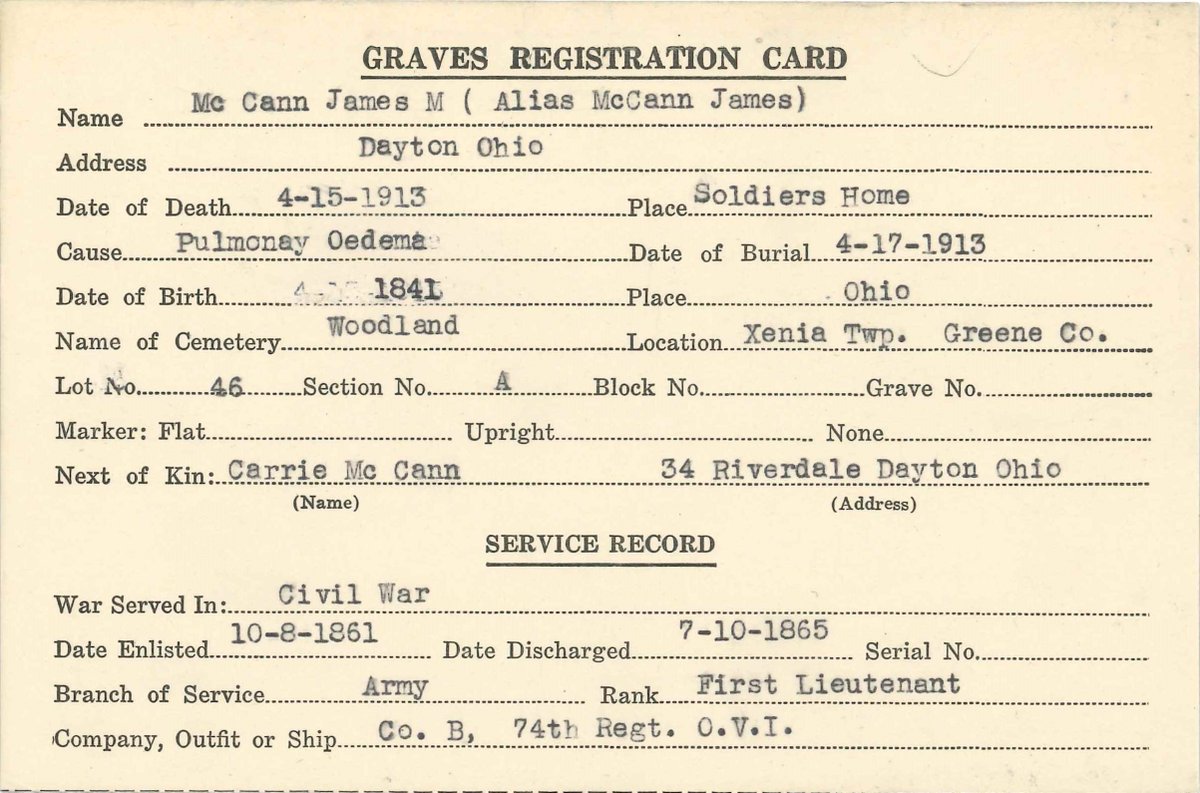 GreeneCoArchive's tweet photo. James McCann was a Civil War Veteran who led a remarkable life. During the war, James served with the 74th Ohio Volunteer Infantry. Near the end of his life, he experienced the disastrous 1913 flood in Dayton, when he was rescued from the upper level of a flooded house by a boat. https://t.co/NajV61dHrW