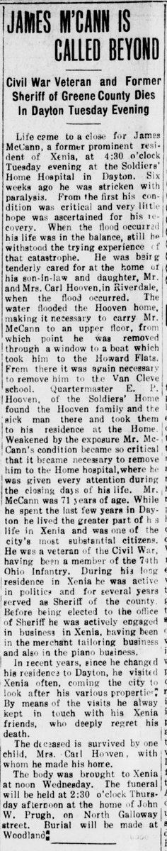 GreeneCoArchive's tweet photo. James McCann was a Civil War Veteran who led a remarkable life. During the war, James served with the 74th Ohio Volunteer Infantry. Near the end of his life, he experienced the disastrous 1913 flood in Dayton, when he was rescued from the upper level of a flooded house by a boat. https://t.co/NajV61dHrW