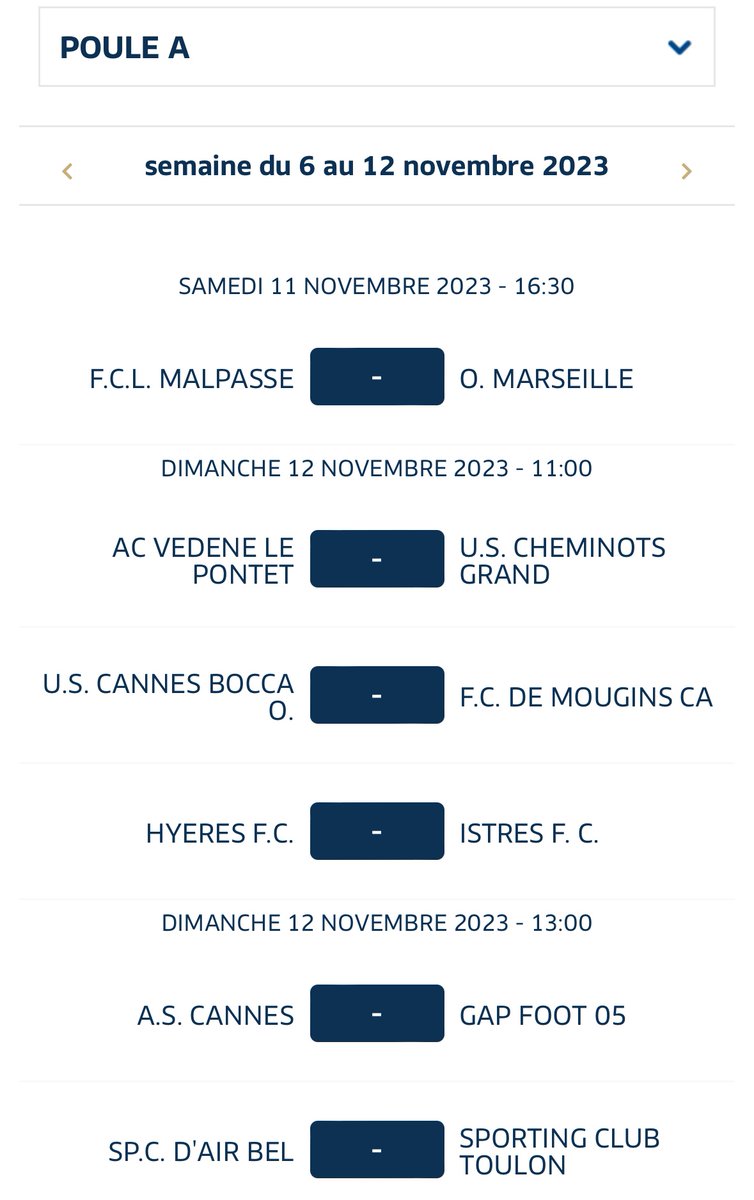 treize013's tweet photo. ℹ️ Le calendrier de la Poule A en U15 Régional. Après sa victoire lors de la journée 5, l’#OM se déplacera sur la pelouse du #FCLM le 11/11/23 pour le compte de la journée 6 du Championnat.
#TeamOM 🔵⚪️ https://t.co/RFWqX2GGQ5