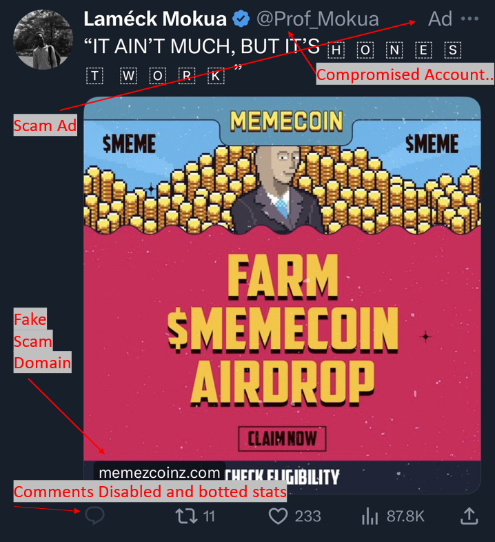 nft_dreww's tweet photo. ⛔𝐌𝐞𝐦𝐞𝐜𝐨𝐢𝐧 𝐒𝐜𝐚𝐦𝐬⛔

This Memecoin Scam ad has drained 16.82 ETH so far....  With many red flags, users still fall victim to the scam ads from twitter.... Lets take a deeper look⤵️⤵️⤵️

Whenever there is something popular in web3, scammers always like to target that project/business/claim/aidrop/etc. for phishing, drainers, and social engineer scams...  As we can see in the one of many scam ads above, a scammer got control of a blue check account, posted a scam link to a drainer website, turned off comments, and botted engagement.  These are always red flag signs to look for in scam ads..  Sadly this ad and 3 other scam ads all focused on @9gagceo 's memecoin, I have tracked, have led to 16+ ETH being drained thus far...

The websites are very basic and minimalistic, as they tell you that you can claim $MEME and you just have to connect your wallet and sign a signature to "claim"...

Meanwhile what this is actually doing is giving an 'approve all' signature to drain everything out of your wallet, @wallet_guard plug-in of course shows you this and helps prevent everyone from accessing the drainer site to begin with and then also shows that signing this signature with take everything out of your wallet

These scam ads are rampant, as almost every ad is a scam, as I did further research in this thread:

https://t.co/chE59HOFry

Always be vigilant when clicking on links, and visiting sites and double check everything you can see, and use @wallet_guard to protect you from things you can't see!!  This scam ad technique changes frequently but the premise of it is still there, to drain your assets..

I hope this helps bring awareness to this matter and @Support and @Safety can implement safe guards in place like Wallet Guard API into the ads to prevent these scam websites from even being allowed on the platform!

Stay Vigilant & Stay Safe