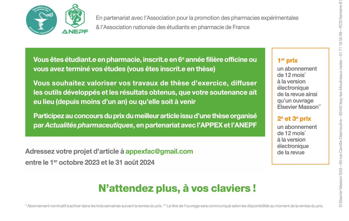 Arthur_Piraux's tweet image. 📢Les "Actualités Pharmaceutiques" organisent, en partenariat avec @Pharma_ANEPF et l'#APPEX, un prix de #Thèse à destination des 6A officine.

👉Les articles seront publiés dans la revue🗞️
👉Les trois meilleurs seront primés🏆
👉Projets d’articles à envoyer : appexfac@gmail.com