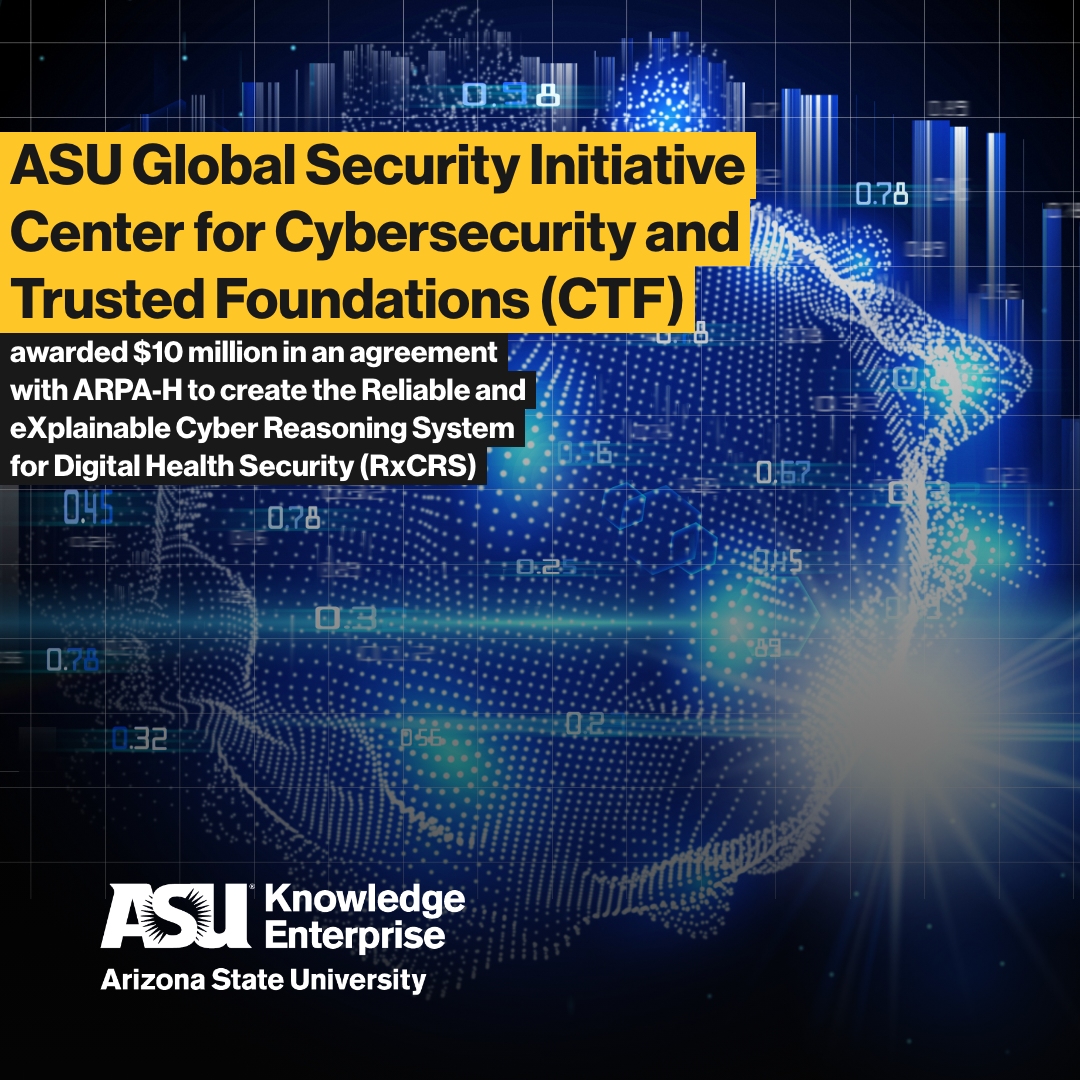 asu_gsi's tweet photo. Did you know our RxCRS system in development is the first project at @ASU to win an @ARPA_H award? With $10 million in funding, we're geared to revolutionize healthcare #cybersecurity. Don't miss what's coming next.

 #Research #Cybersecurity #Healthcare https://t.co/wchVr8BqmR