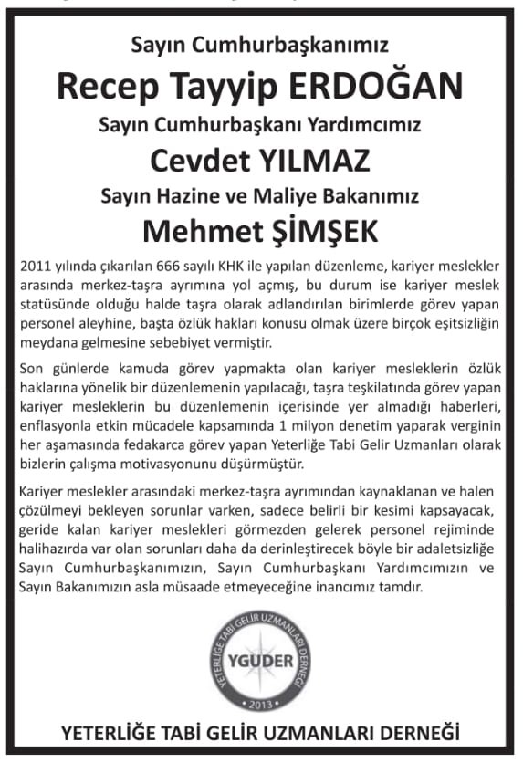 Haklı hiçbir gerekçesi bulunmayan kariyer meslekler arasındaki merkez-taşra ayrımının kaldırılması, Yeterliğe Tabi Gelir Uzmanları olarak talebimizdir.

#merkeztaşraayrımıhaksızlıktır