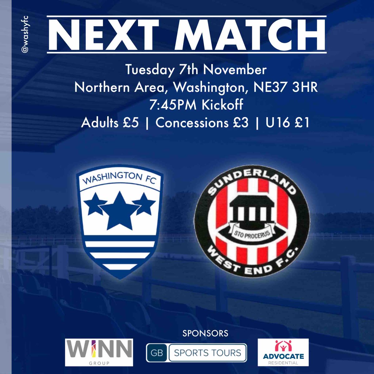 washyfc's tweet photo. Next Match | Our men are back in action Tomorrow evening in the Ernest Armstrong cup against Sunderland West End at home with a 7:45pm kick off, come on down and support 🔵⚪️🔵⚪️
#washingtonandproud #washywashywashy #clubforthecommunity #cluboftheyear https://t.co/SATUYLRoz6