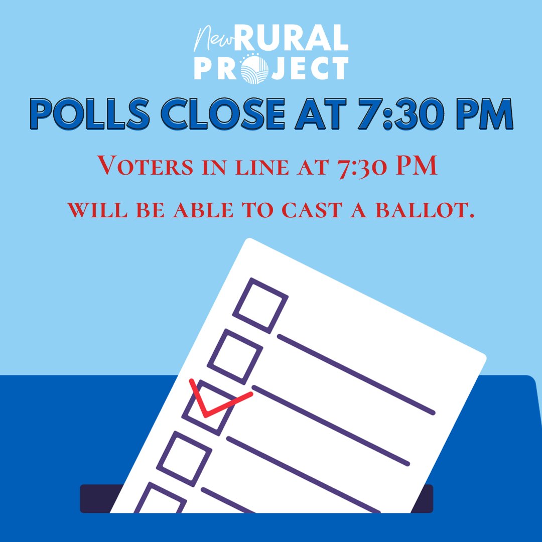 NewRuralProject's tweet photo. 🗳️⏰ Just ONE HOUR left until the polls close at 7:30 PM! Your voice matters, so don't miss your chance to make a difference. Remember, if you're in line by 7:30 PM, you can still cast your ballot. Let's shape our future together! 🇺🇸 #GoVote #ElectionDay #YourVoiceMatters https://t.co/I2JxGDQmuS