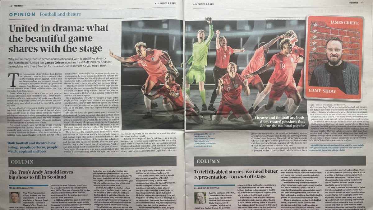 GameShowPodUK's tweet photo. Thanks to @TheStage for the double page spread in this week’s edition. Poignant to share the paper with memories of Bill Kenwright who lived and breathed football + theatre. https://t.co/lNgJk6yQic